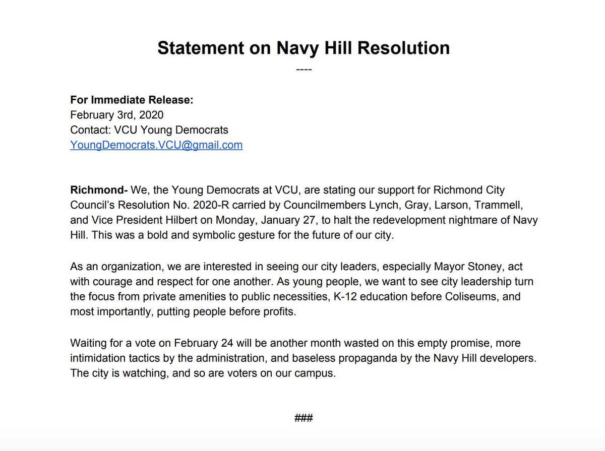 VCU Young Democrats official statement on the Navy Hill Resolution.