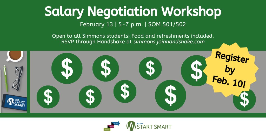 SimmonsCEC's tweet photo. Want to get tips on how to negotiate your salary with your employer and identify your target benefits? Come to the salary negotiation workshop on Thursday, 2/13 from 5-7 PM in M501/M502. Visit Handshake for more info and to RSVP by 2/10! @SimmonsUniv @AAUW #GenderEquity https://t.co/RwvwHIGLsT