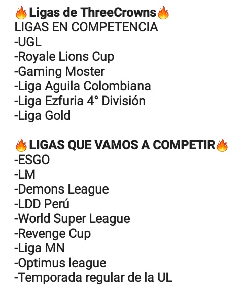 🔥Deseas formar parte de <a href="/ThreeCrownsGG/">ThreeCrowns™</a>🔥Enviame tus stats x MD

⚠️Interesados LADDER:
• +70 WinWar
• +5600
• Actividad y Wpp
⚠️Interesados COMPETITIVO:
•+15wins
•Compromiso
•Experiencia en Compe
•Lealtad

🎃T H R E E C R O W N S🎃