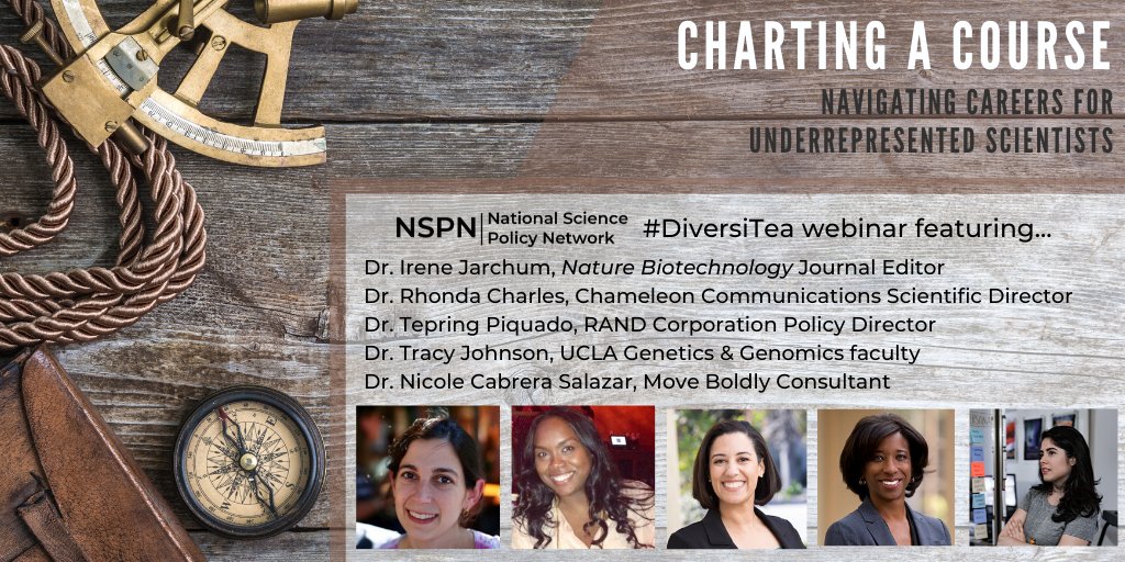 The words "Charting a Course: Navigating Careers for Underrepresented Scientists" appear above a list of the webinar's panelists.