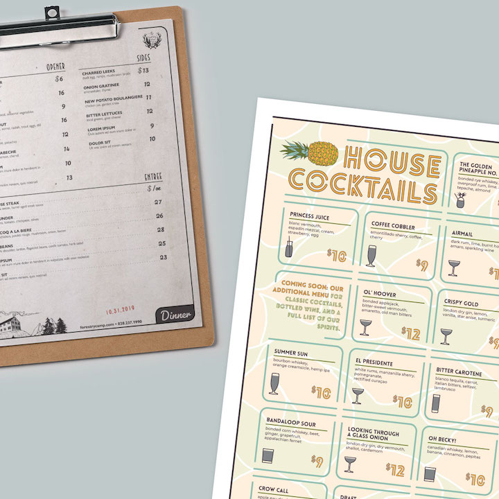 NineBarCreative's tweet photo. Great menu design communicates your restaurant’s or bar’s identity and provides a streamlined and elegant customer experience. We’re proud of our work with Asheville’s hospitality businesses creating beautiful and functional menus. https://t.co/GOiKBQ1ozg
