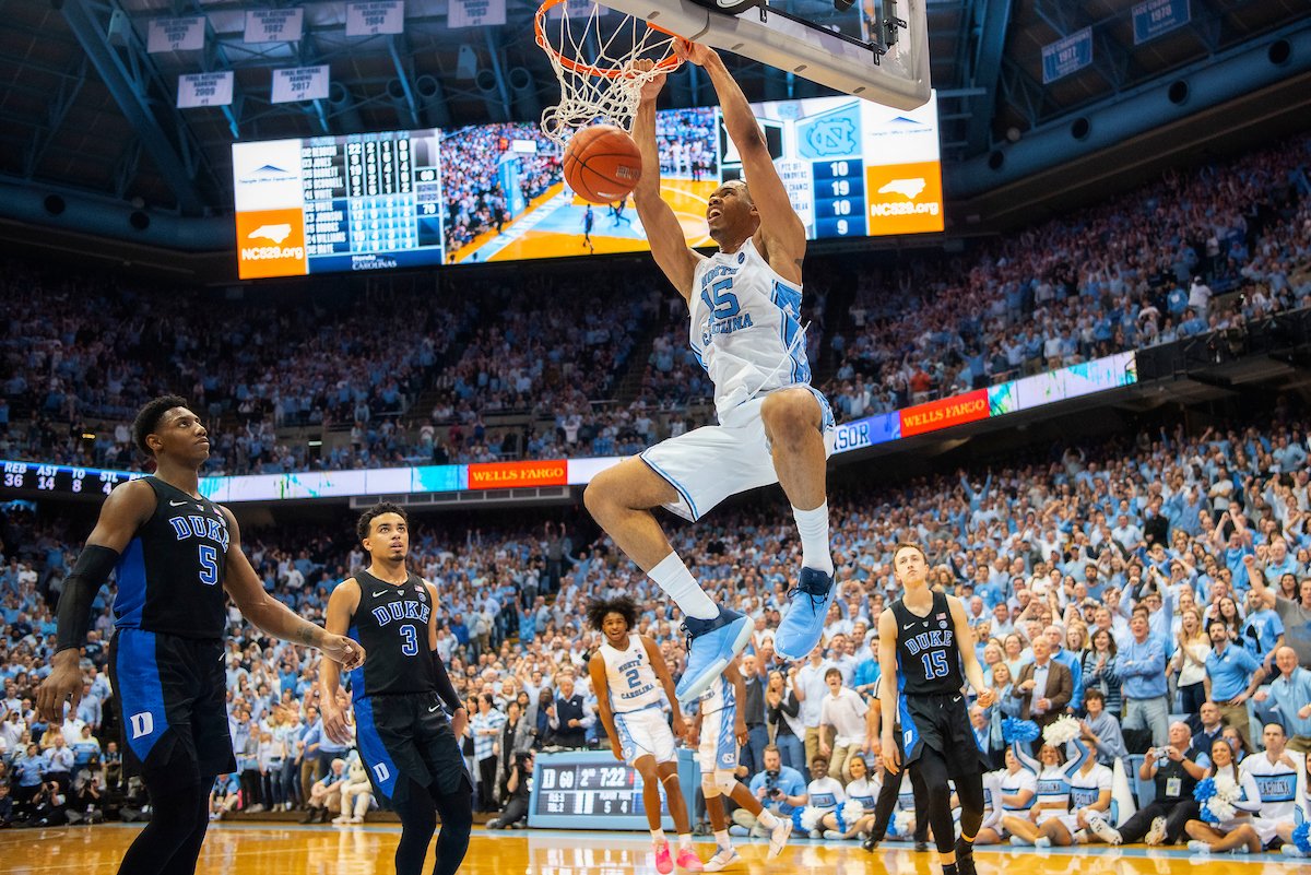 Carolina basketball player Garrison Brooks dunks the ball during a men's basketball game against Duke