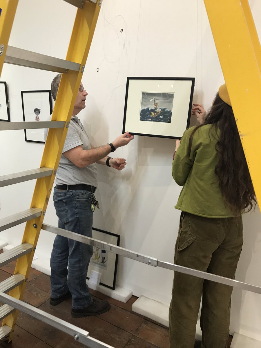 The hanging has begun @RWABristol  for the #drawingeuropetogether exhibition opening Wednesday @chrisriddell50 @PollyDunbar #axelscheffler #sabinelohf @panmacmillan @EU_Commission