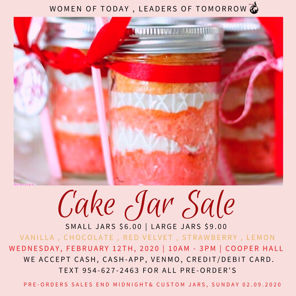 usfwtlt's tweet photo. 🍴the Ladies of W.T.L.T are back with 💖Valentines💖Cake Jars 🍰 02.12.2020 from 10am-3pm outside of Cooper. You can also start pre-ordering now for Custom jars mixing &amp; matching flavors and icing😋😉
#USF23 #USF22 #USF21 #USF20 #USF19 #WTLT #USFWTLT https://t.co/ifwLP811jW