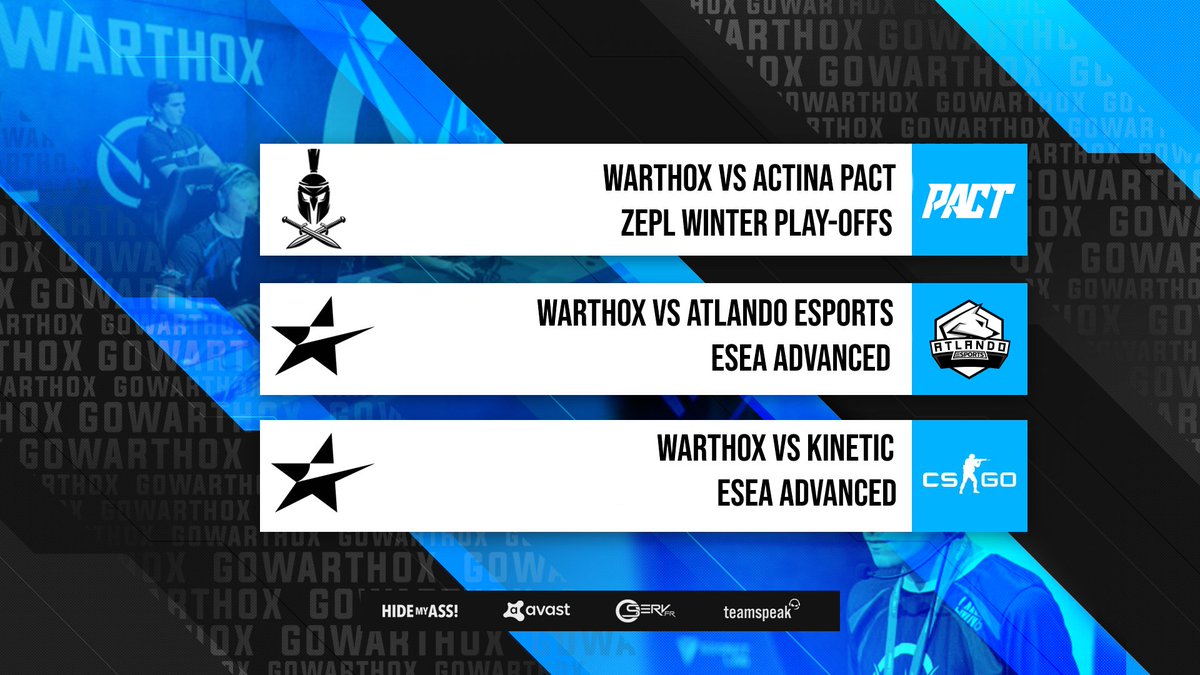 Oh mince, here we go again...🔄

04/02 | 19:00 vs <a href="/PACT_gg/">PACT</a>  - #ZEPL Winter
📺twitch.tv/idcgames/

05/02 | 21:00 vs @AtlandoEsports - ESEA ADV
📺twitch.tv/misterdwight

06/02 | 21:00 vs #Kinetic - ESEA ADV
📺twitch.tv/misterdwight

#GoWarthox⚫️🔵