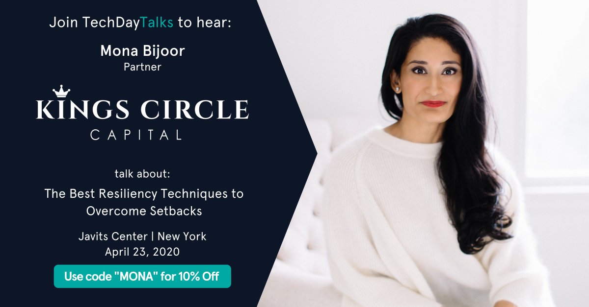 TechDayHQ's tweet photo. We’re excited to have @MonaBijoor, Partner at Kings Circle Capital & Founder of @JOORACCESS, speaking at #TechDayTalks NY! Join us to hear how to develop the right mind-set to navigate obstacles and bounce back from whatever life throws at you. Register: https://t.co/ttJQbuIMVW https://t.co/2vTMg1EoWw