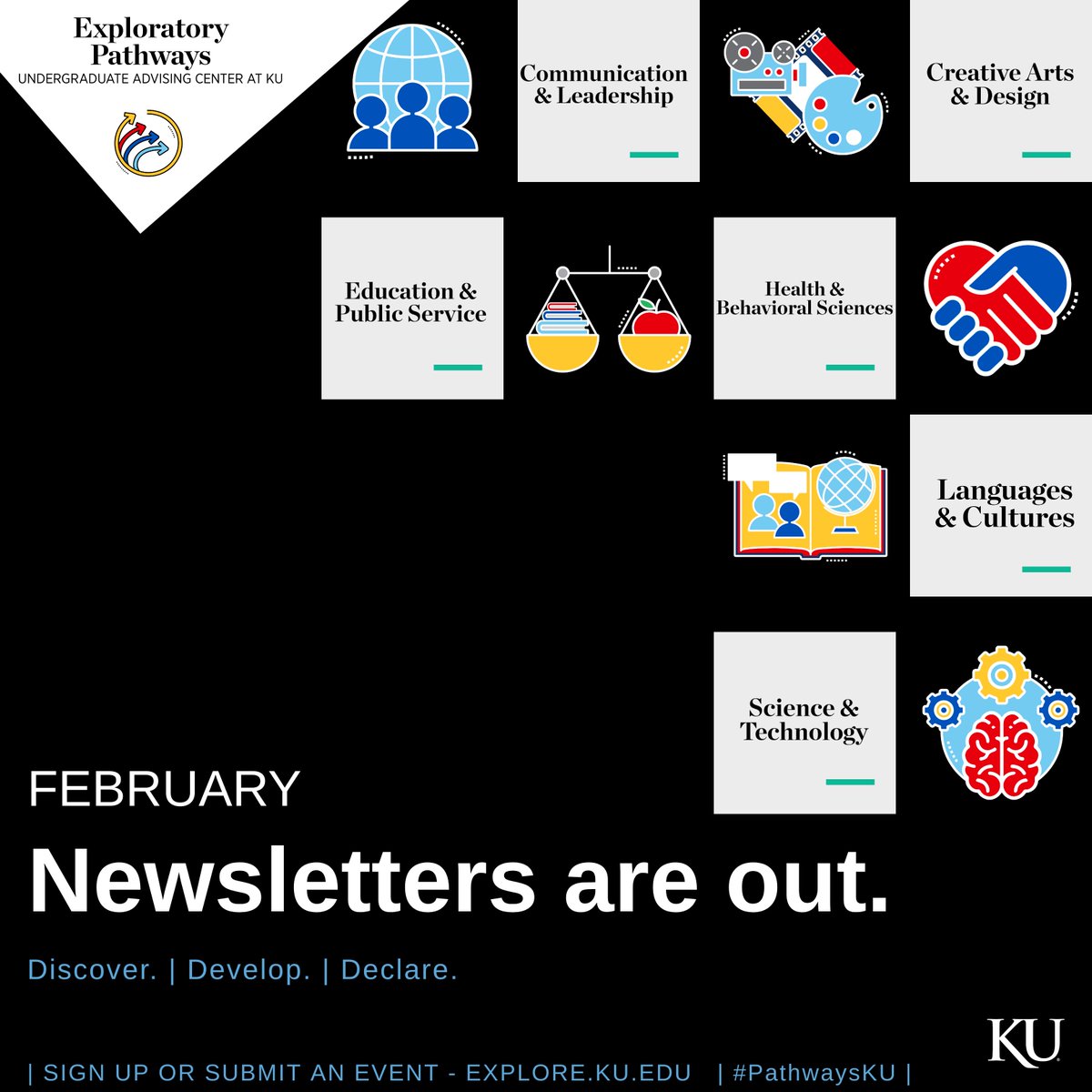 KUAdvising's tweet image. February Newsletters are out! #PathwaysKU 
Exploratory Pathways students be sure to check your inbox for great events this month that can lead to wonderful discoveries! 

Don't forget you can send us your events. Help exploring Jayhawks discover your majors.