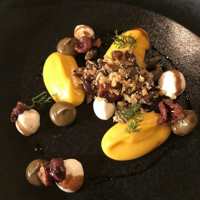 JamesWaddingto3's tweet image. First class food @thewaterhouseproject from chef @gabrielwaterhouse  Pictured: Pumpkin, goat curd, pickled walnut purée. #foodie #londonfood #chef #restaurant Deserves a #michelinstar
