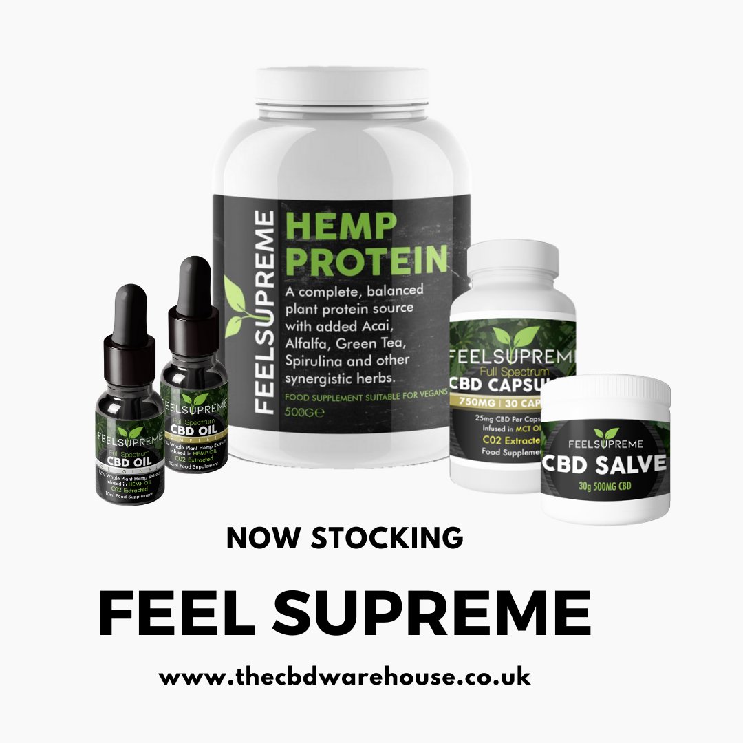 thecbdwarehouse's tweet photo. Very excited to also announce we are now stocking the Feel Supreme product range. Get yourself some capsules, oil or protein today! https://t.co/tl3N3ElQOf