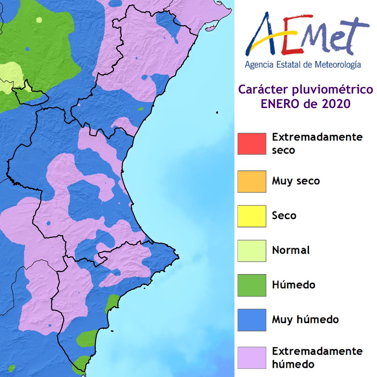 AEMET_CValencia's tweet photo. En función a la precipitación normal en cada punto, enero ha sido muy húmedo en el 48% del territorio y húmedo en el 3%, y en casi la mitad el mes ha sido extremadamente húmedo, el más húmedo de cualquiera de los meses de enero del periodo de referencia de 30 años 1981-2010. https://t.co/vzeBxl9EFk