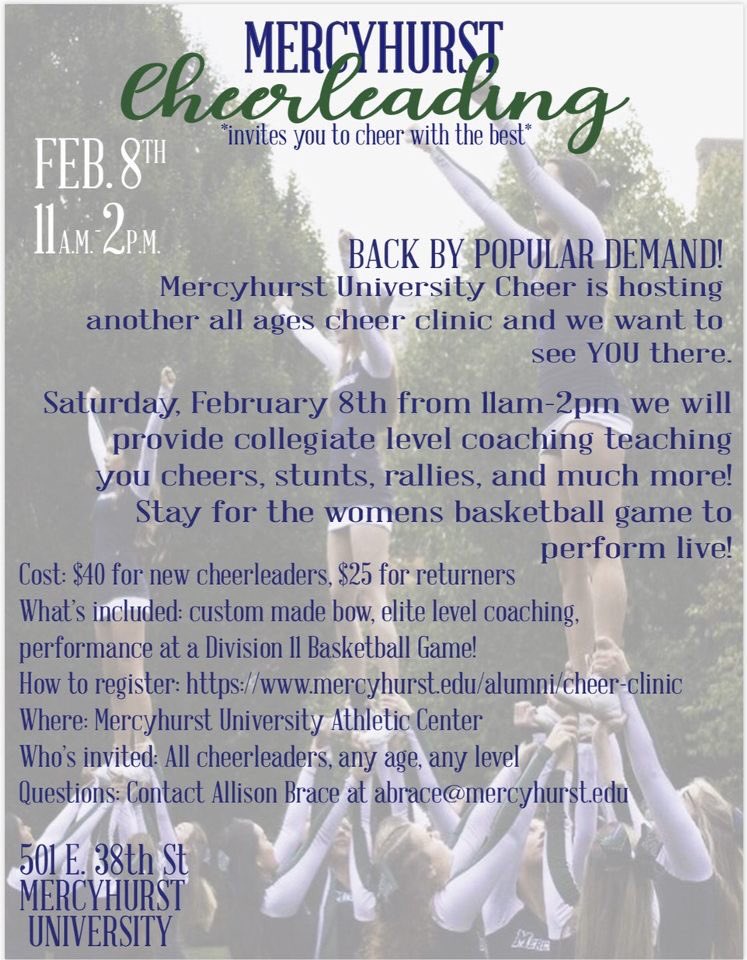 MercyhurstCheer's tweet photo. Today’s the last day to sign up for our final clinic for the year! Link is below! ☘️ https://t.co/8p0pukGHlQ https://t.co/FV3KVD4p51