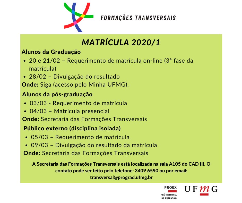 extensaoufmg's tweet photo. Estudantes da UFMG e público externo podem participar da Formação Transversal em Divulgação Científica. 🎯 São oferecidas 5 disciplinas neste semestre.
Se liga na oferta e datas de matrículas. 🗓️⬇️ 

Outras informações: https://t.co/ipxJJFvQRR 

#FormaçãoTranversalUFMG https://t.co/6R4R2Rlh6s