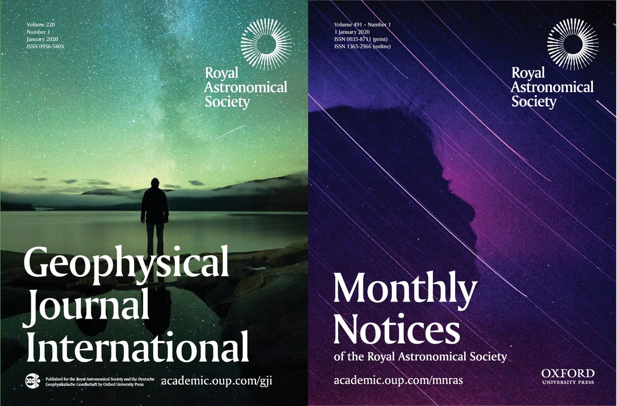 covers of GJI (green with a lake and sky) and MNRAS (purple with a face and stars)