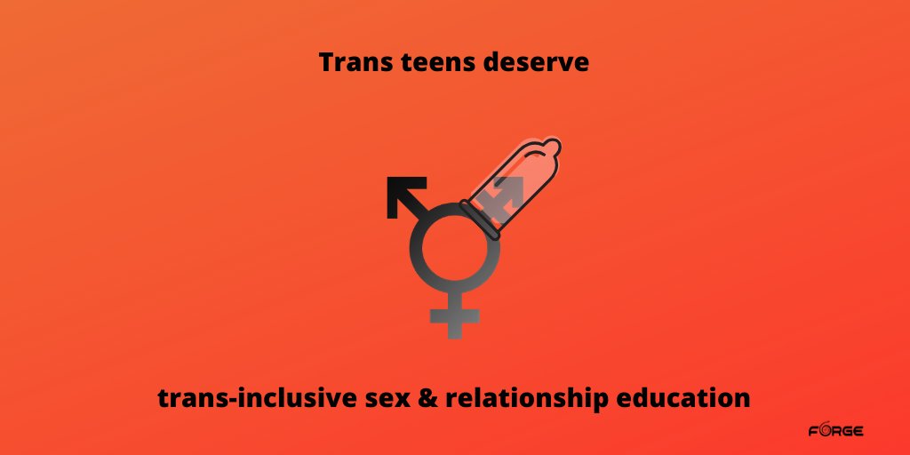 [Image: On an orange background is the trans symbol. On the top two points of the symbol are translucent condoms. Text above and below the symbol says “Trans teens deserve trans-inclusive sex and relationship education.” The FORGE logo is in the lower right corner.]