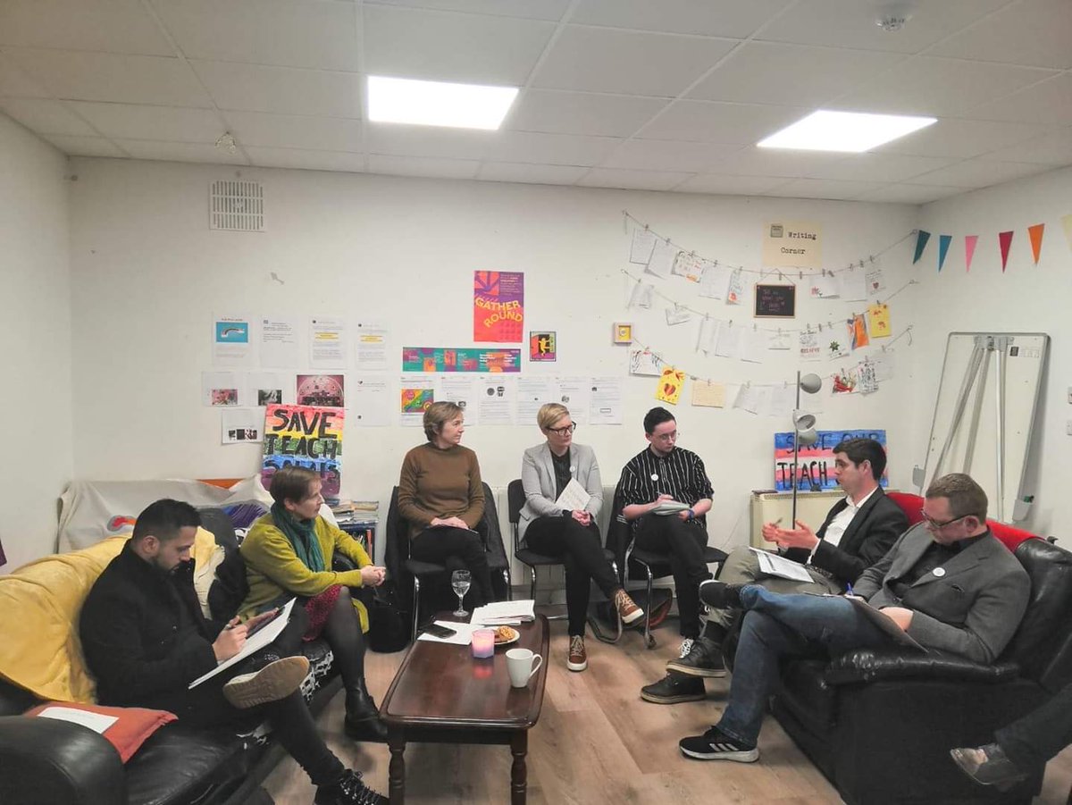 Three hosts interviewing four candidates about the LGBTQ Hustings.