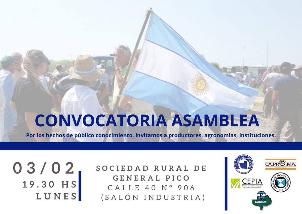 🚨🚨🚨
ASAMBLEA 
Lunes 03/02 
Invitamos a productores, agronomias, instituciones.
¡LOS ESPERAMOS!
#prohibicióndecomercializaciondefitosanitarios
#Lapampa
#agricultura