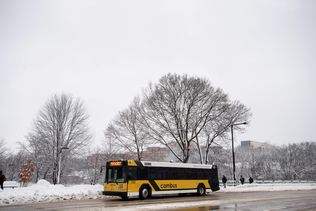 A CAMBUS drives along the roads in Iowa City.