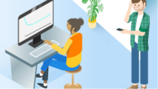 Illustration of a woman on a desktop computer and a man scratching his head while looking at his cell phone to the right of her.