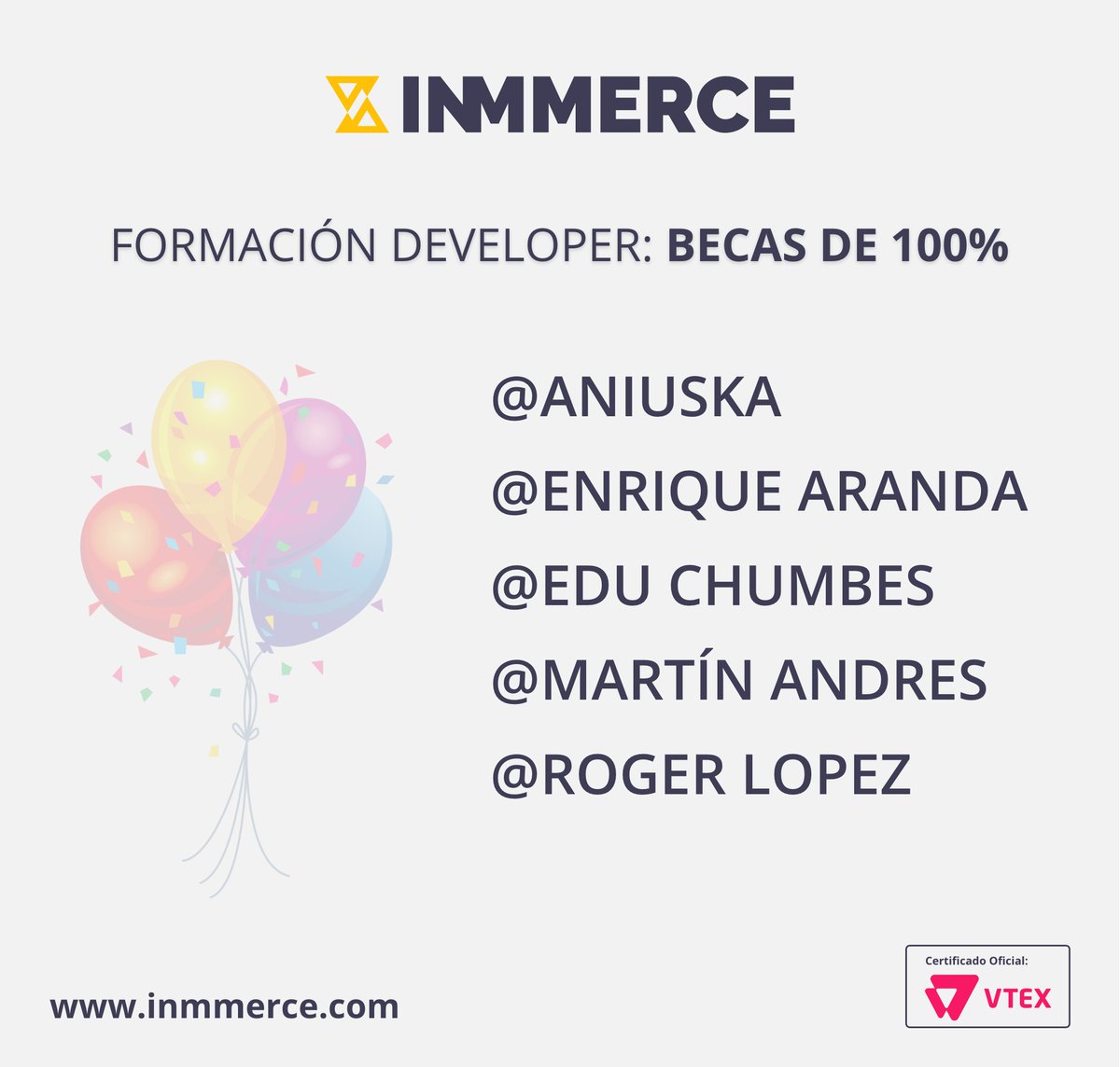 inmmerce's tweet photo. 🗣 ¡LLamado a los ganadores de las BECAS #INMMERCE! 

Reconocimos el interés y compromiso de los que participaron de la charla informativa y brindamos a todos con becas de formaciones Masters Developer y Backoffice #ninjaVTEX. 

✌️Es con mucha alegría que anunciamos los ganadores https://t.co/caQRqodj0Q