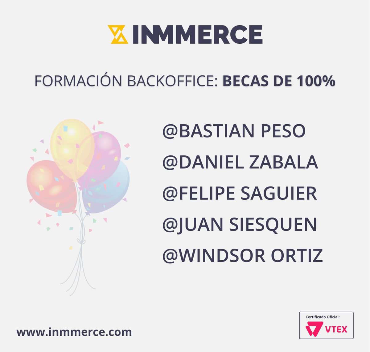 inmmerce's tweet photo. 🗣 ¡LLamado a los ganadores de las BECAS #INMMERCE! 

Reconocimos el interés y compromiso de los que participaron de la charla informativa y brindamos a todos con becas de formaciones Masters Developer y Backoffice #ninjaVTEX. 

✌️Es con mucha alegría que anunciamos los ganadores https://t.co/af8cO9pr6r