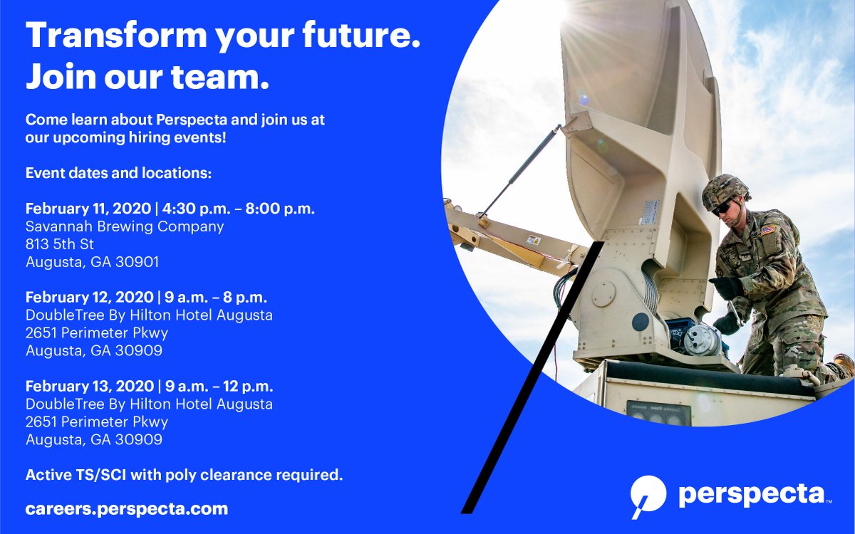 perspectajobs's tweet photo. We are currently looking for cleared Signals Analysts, Linguists, Geolocation Operators in the Augusta, GA area. Come meet with our recruiters next week to talk about these opportunities. https://t.co/ilqkhuiU6H #Perspecta #Augusta https://t.co/rzGrbdbWcS