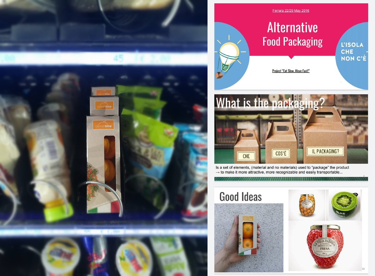 settimiomartire's tweet photo. Nel distributore automatico in ufficio scorgo #ClemenTime il progetto calabrese ideato da Francesco Rizzo e Antonio Braico nella patria delle #Clementine IGP. Nel 2016 mostravo il loro esempio tra le buone idee di "ALTERNATIVE FOOD PACKAGING" a #Ferrara parlando di #HealthyFood https://t.co/X7tNNR78an