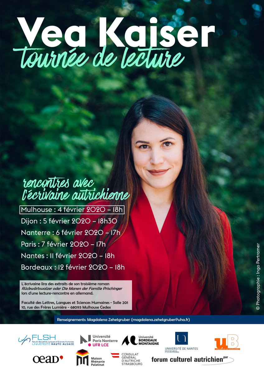 AlexanderWojda's tweet photo. Lecture-rencontre avec l’écrivaine autrichienne #VeaKaiser le 4/2 à 18h à #Mulhouse - informations: https://t.co/rDbuCjoRec
@OeAD_worldwide @acfparis @UHA68 @UPduRhin https://t.co/UiXUIMdLpW