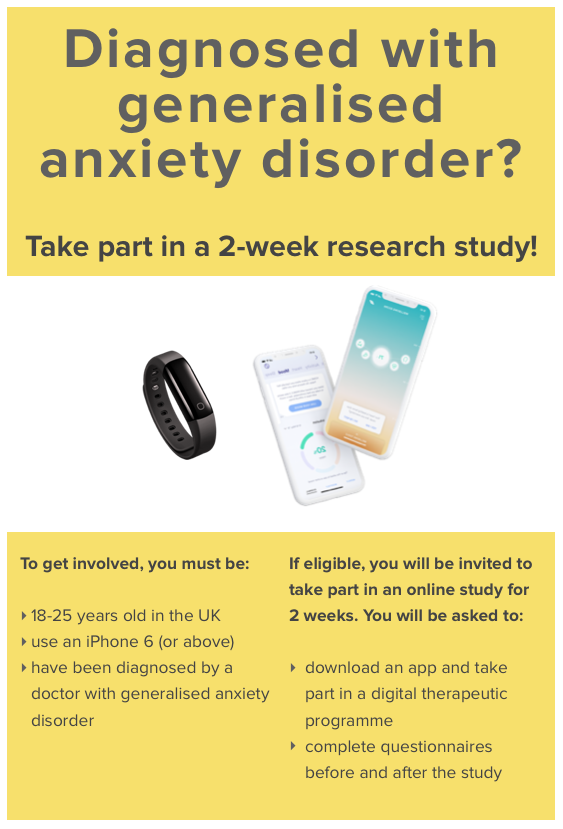 MHstudentstudy's tweet photo. Pls #RT and share this poster with anyone in the UK you think would be like to take part in a two-week study on using a digital intervention for GAD (Generalised Anxiety Disorder) or sign up directly here https://t.co/bz8YjiWQa5 #MentalHealth #wellbeing #anxiety https://t.co/6lP9LE1UCM