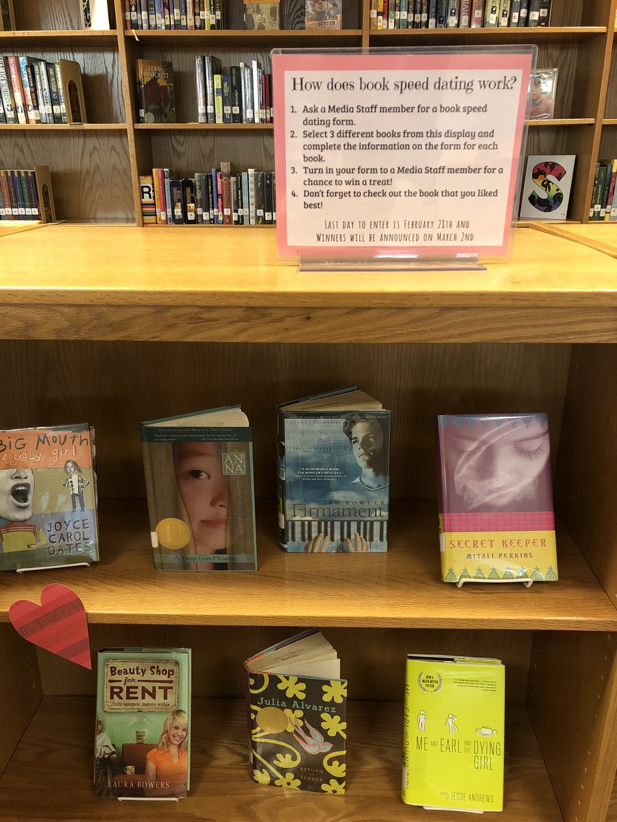 PCHSMedia's tweet photo. Still looking for a valentine? Grab a book speed dating sheet from us and meet your perfect (book) match! 💗 📚 Turn in your completed sheet during the month of February for the chance to win a treat. #catsread #valentines #library #bookmatch https://t.co/1YoBmsN4cH