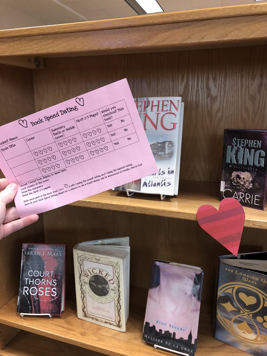 PCHSMedia's tweet photo. Still looking for a valentine? Grab a book speed dating sheet from us and meet your perfect (book) match! 💗 📚 Turn in your completed sheet during the month of February for the chance to win a treat. #catsread #valentines #library #bookmatch https://t.co/1YoBmsN4cH