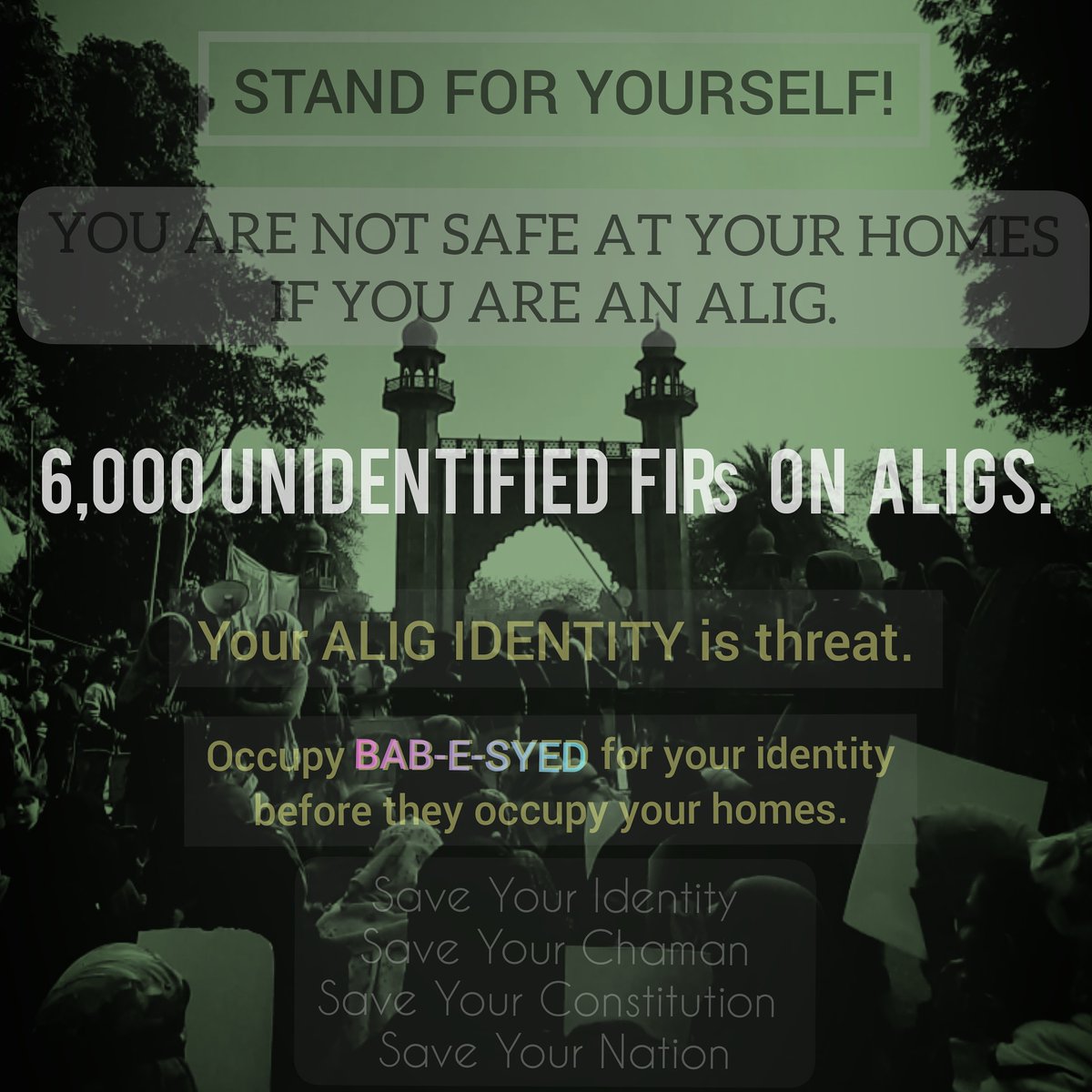 anam_fatima_'s tweet photo. - I'm enrolled in Aligarh Muslim University. Unidentified FIRs give them authority to "DETAIN" me anytime anywhere either On Streets, In Hostel, At Home on the basis of my IDENTITY.
-Come outside your comfort zones to defend your IDENTITY.
- OCCUPY BAB-E-SYED.
#amuvcmustresign https://t.co/JCBGcgxebx