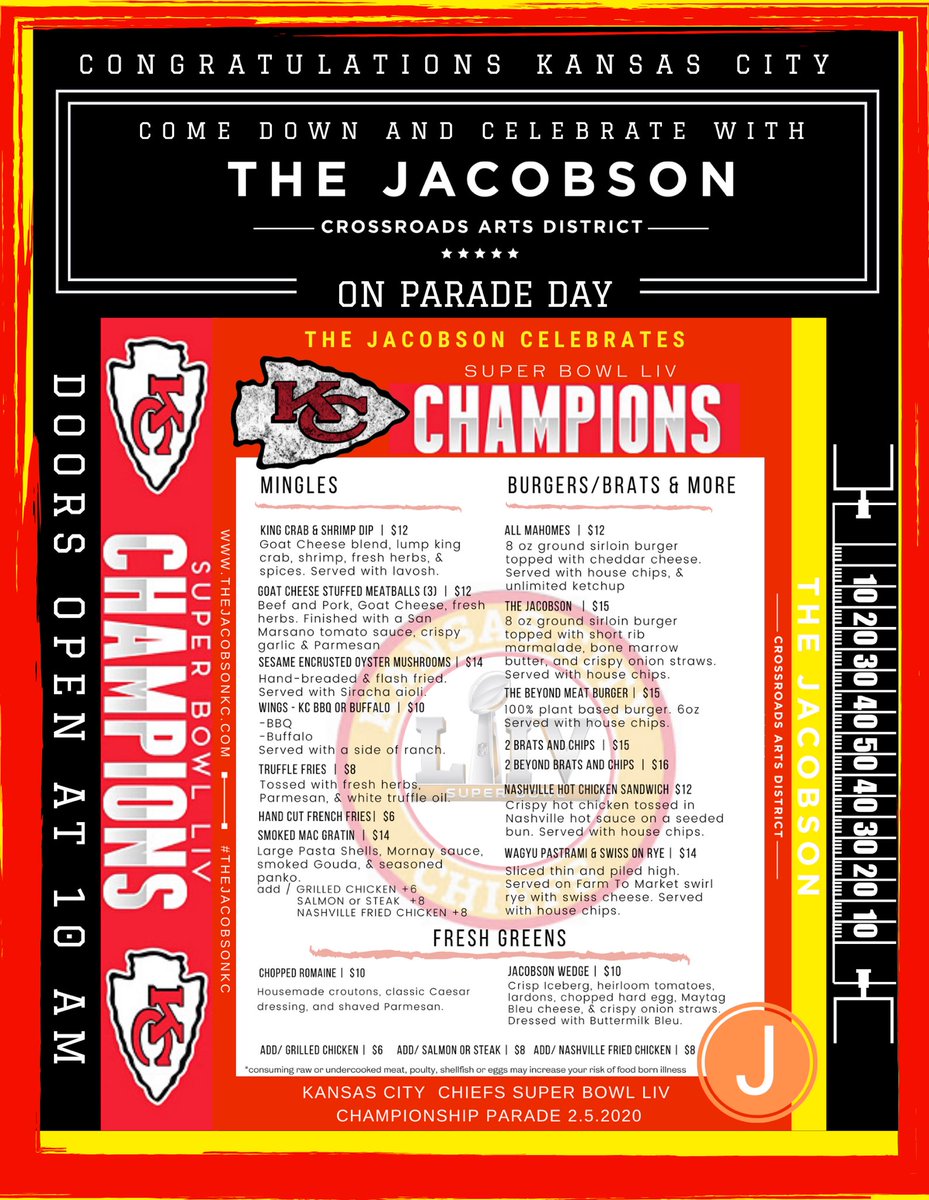 thejacobsonkc's tweet photo. Congrats @Chiefs !   The Jacobson will be opening at 10 am Wednesday for the celebration parade.  #ChiefsKingdom #SuperBowlLIV https://t.co/hNn02ZkE9Q
