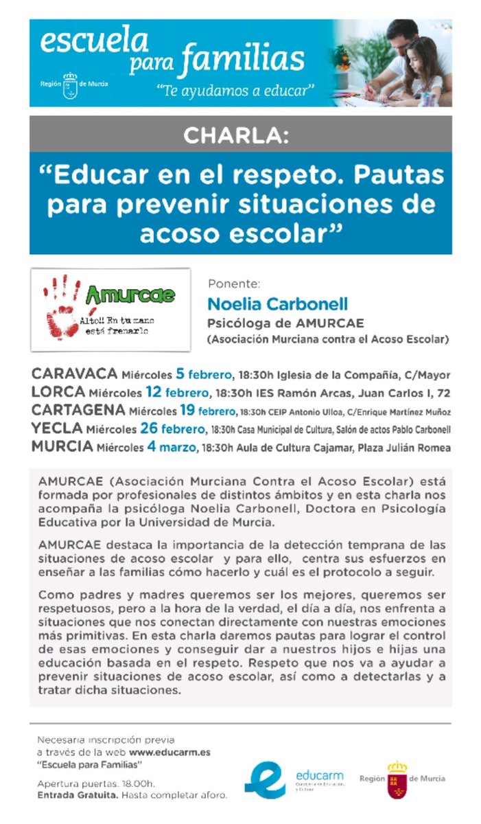 amurcae's tweet photo. Os invitamos a todos los padres, madres y queridos abuelos/as a participar en estos talleres que realizamos gracias a @Educarm @RmEsperanza @celiamarvi73 https://t.co/rGtFb64AIH