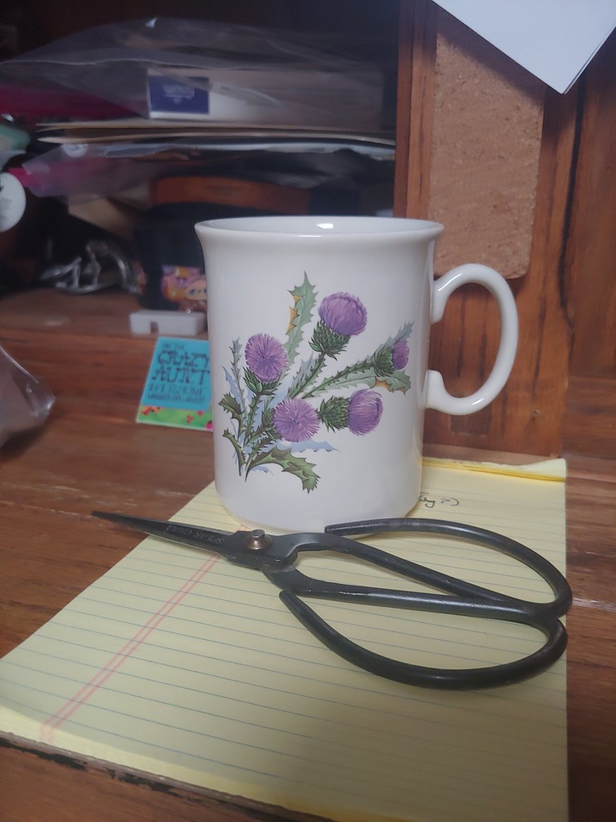 Small white mug with purple thistles on it., sitt8ng on a wooden shelf.