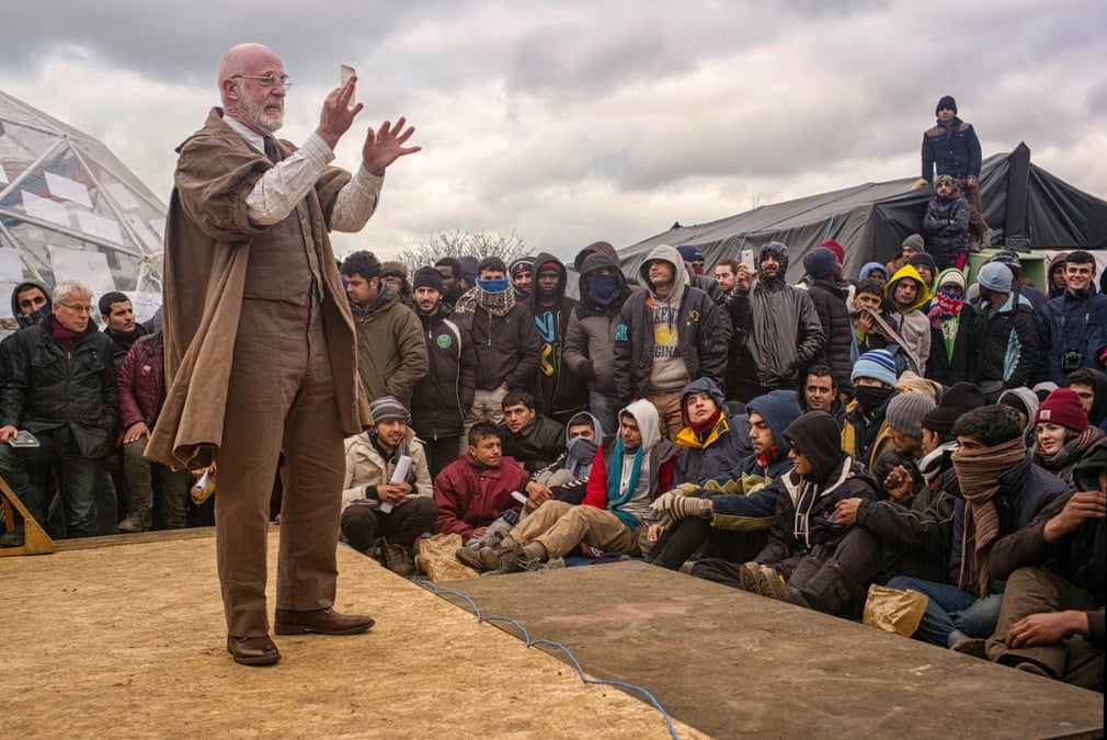 Hamlet in front of an audience in the Jungle, Calais. 📷 Sarah Lee for The Guardian.