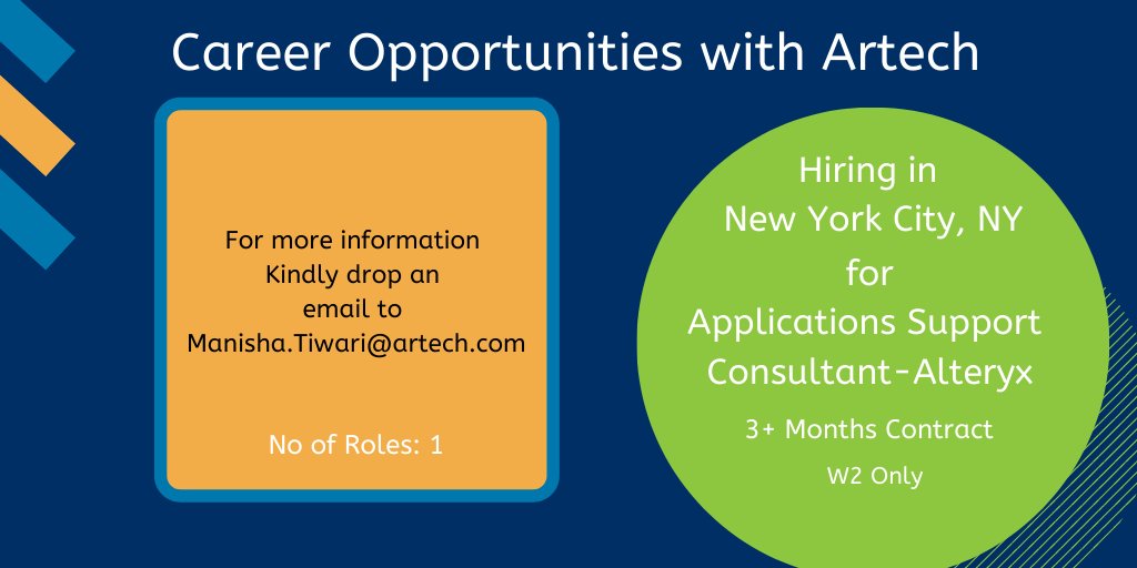 Hiring for Applications Support Consultant - Alteryxorking with proficiency in development toolset to design, develop, test, deploy, maintain and improve software #nyjobs #nytech #Artechjobs #Hiring