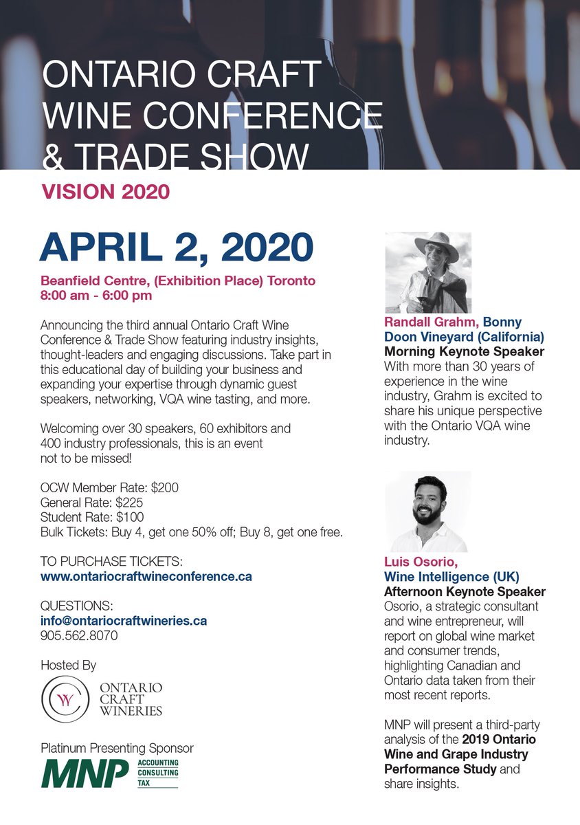 Are you joining us for the third annual Ontario Craft Wine Conference &amp; Trade Show on Thursday, April 2nd, 2020? We can’t wait to see you there!  For more information, visit ontariocraftwineconference.ca #OCWC20.