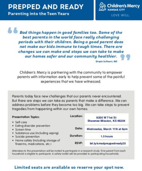 Prepped &amp; Ready: Parenting into the Teen Years is coming to SMSD on Wed March 11th! Come learn positive tools to address the tough subjects we face as parents today. Free and Open to the Public. Details in flyer!

RSVP:bit.ly/smsdpreppedrea…