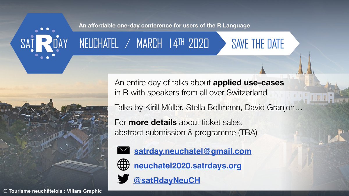 Hello #r users!

We are happy to announce the #satRday conference, which will take place on March 14th in Neuchâtel, Switzerland.

Let’s bring the Swiss R communities together!

Link to register: neuchatel2020.satrdays.org

#rstats #datascience #statistics
