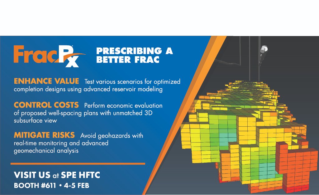 FracRx's tweet photo. Attending the @SPE-HFTC conference in the Woodlands TX this week?  Visit our booth 611 to see the presentation, “Well Spacing Optimization in the Permian Basin using FracRx”. #fracrx #betterfracbetterworld #hydraulicfracturing #fracmonitoring https://t.co/mPHSZPra6Q