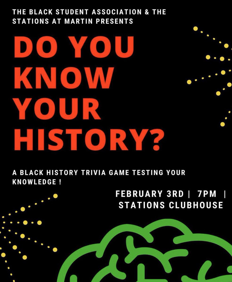 Tonight, we are partnering with UT Martin BSA to test your black history knowledge!🌟 See y’all at 7:00pm for snacks and a good time 🎉😆