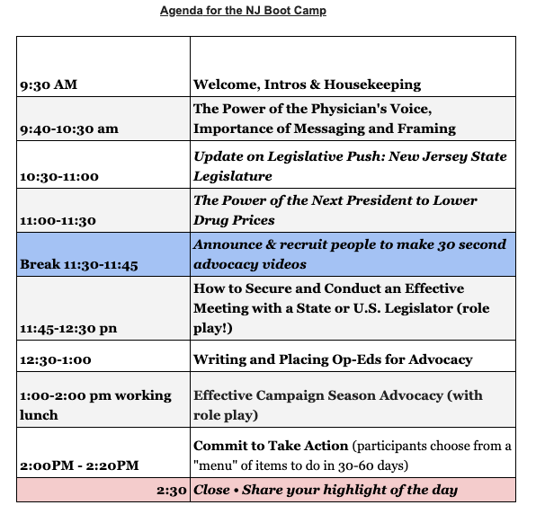 New Jersey Boot Camp meeting agenda