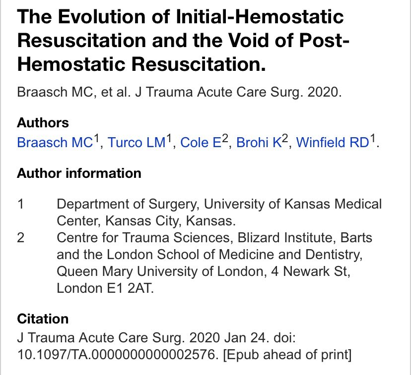 Great step by @maxwellbraasch toward answering the question of how we resuscitate when the patient is no longer bleeding. This work grew from discussions with friends & colleagues @ChicheleyHall. More to come very soon at @SWSCongress! #tomorrowcomestoday ncbi.nlm.nih.gov/m/pubmed/31985…