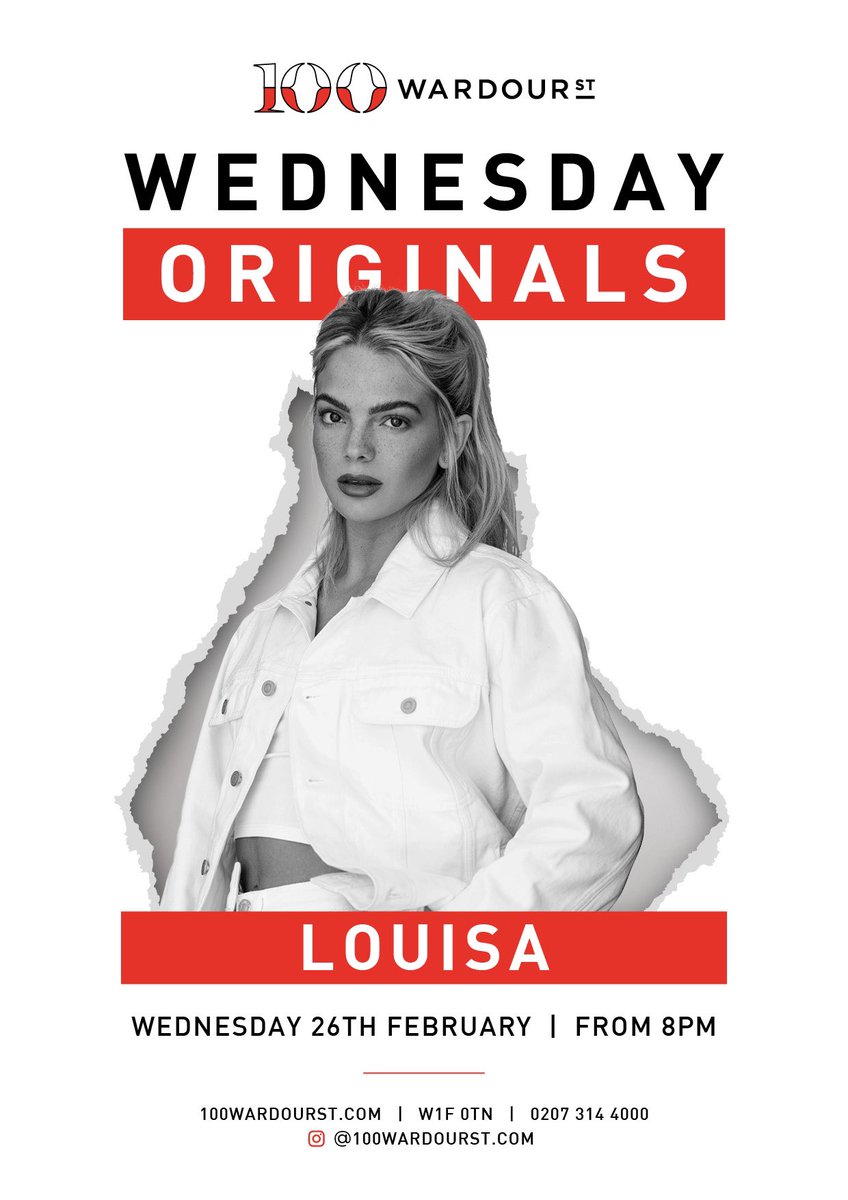 100 Wardour St live presents Originals on Wednesday 26th February with a special live performance from @louisa 🎶 Book now: bit.ly/2SdkiHA @TicketWebUK