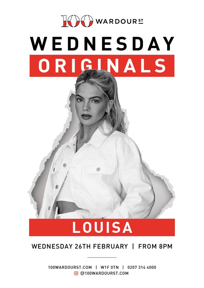100 Wardour St live presents Originals on Wednesday 26th February with a special live performance from <a href="/louisa/">Louisa</a> 🎶 

Book now: bit.ly/2SdkiHA
<a href="/TicketWebUK/">TicketWeb UK 🤘</a>