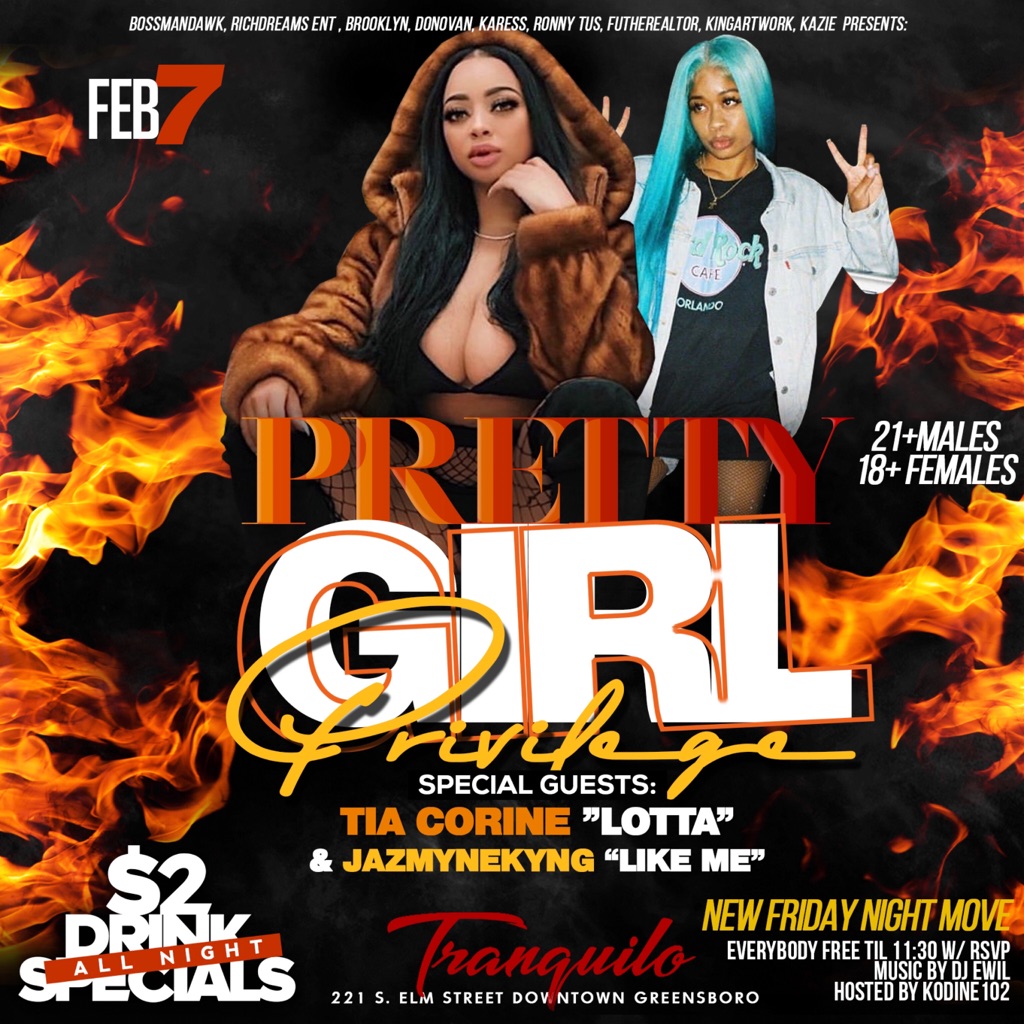 Karess__Ent's tweet photo. #KaressEnt presents The Official #PrettyGirlPrivilege @ #Tranquilo FEB 7th!!!!!! 18+ to enter Everyone Free til 11:30 with rsvp !! Rsvp here -> https://t.co/JTOT2eaMly booths on sale contact @MrKaress https://t.co/Uhsv6eUwgN