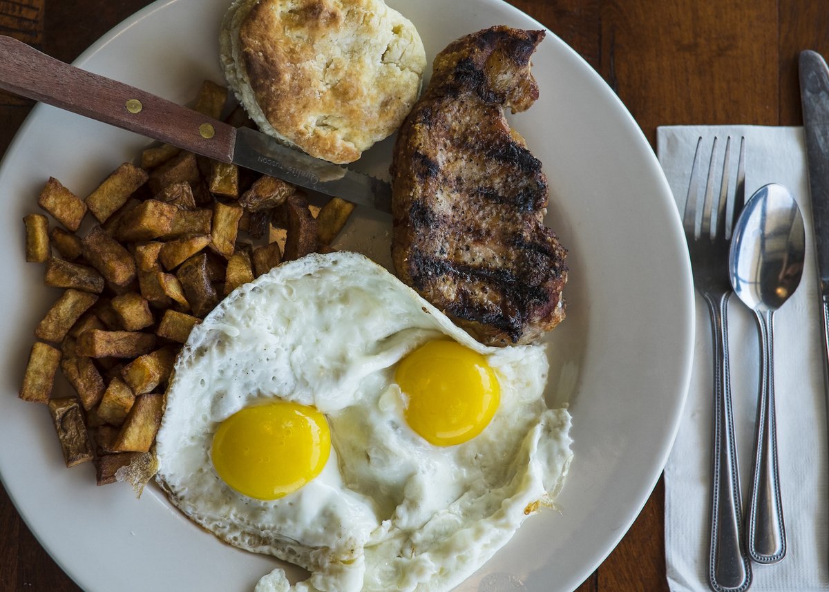 An all-natural, bone-in pork chop with two farm fresh eggs served any style. Finish off with a homemade biscuit and breakfast potatoes to kickstart your day. 🍳 #localfood #atxeats