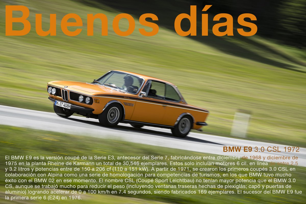 alfacevedoa's tweet photo. Buenos días
El @BMW E9 es antecesor del Serie 6, se fabricaron entre 1968 y 1975 30,546 ejemplares sólo con motores 6 cil. en línea entre 2.5 y 3.2 L y potencias hasta 206 cf (151 kW). En 1971, se creaó el coupé 3.0 CSL aligerado para competencias. @bmwclassicmex @BMWMex https://t.co/7HN4UV6O0p