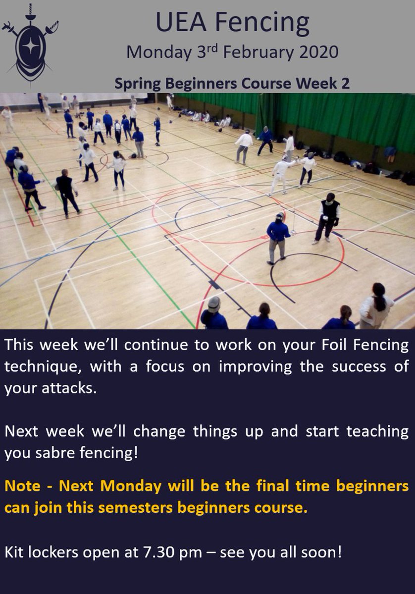 Our spring semester beginners course continues tonight! This week we'll be working on improving the success of your attacks before moving onto Sabre next week. 

For our Autumn semester beginners Rob will again be on hand at the end of the course to assist with refereeing.