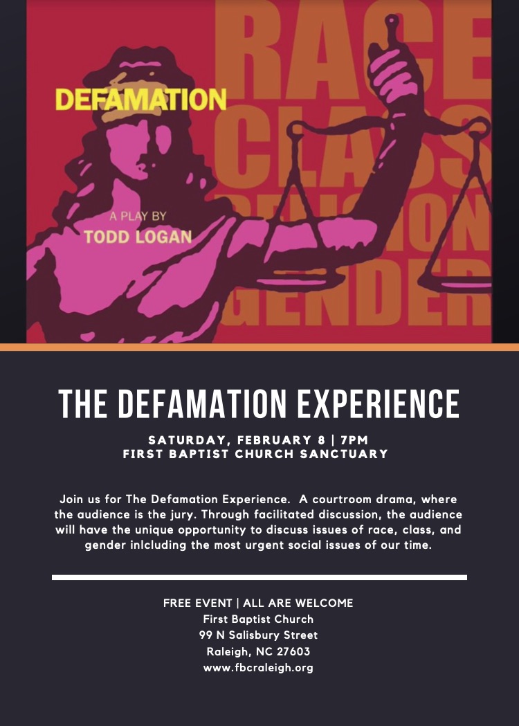 FBCRaleigh's tweet photo. Don't miss The Defamation Experience coming this Saturday!  Free event, all are welcome.  #thedefamationexperience #raleigh https://t.co/XkRNKBv5Ls